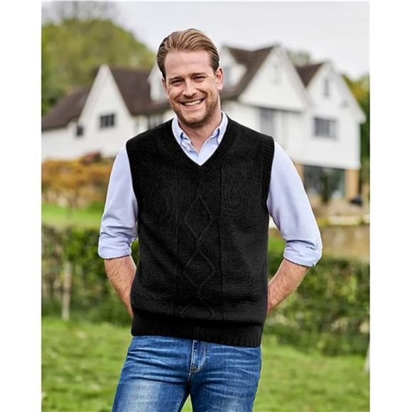 Sweater Vest for Men V Neck Sleeveless Chunky, Black - Picture 4 of 6